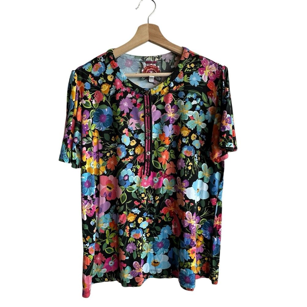 Johnny Was Tee The Janie Favorite M Flutter Sleeve Henley top Boho Floral - Picture 2 of 9